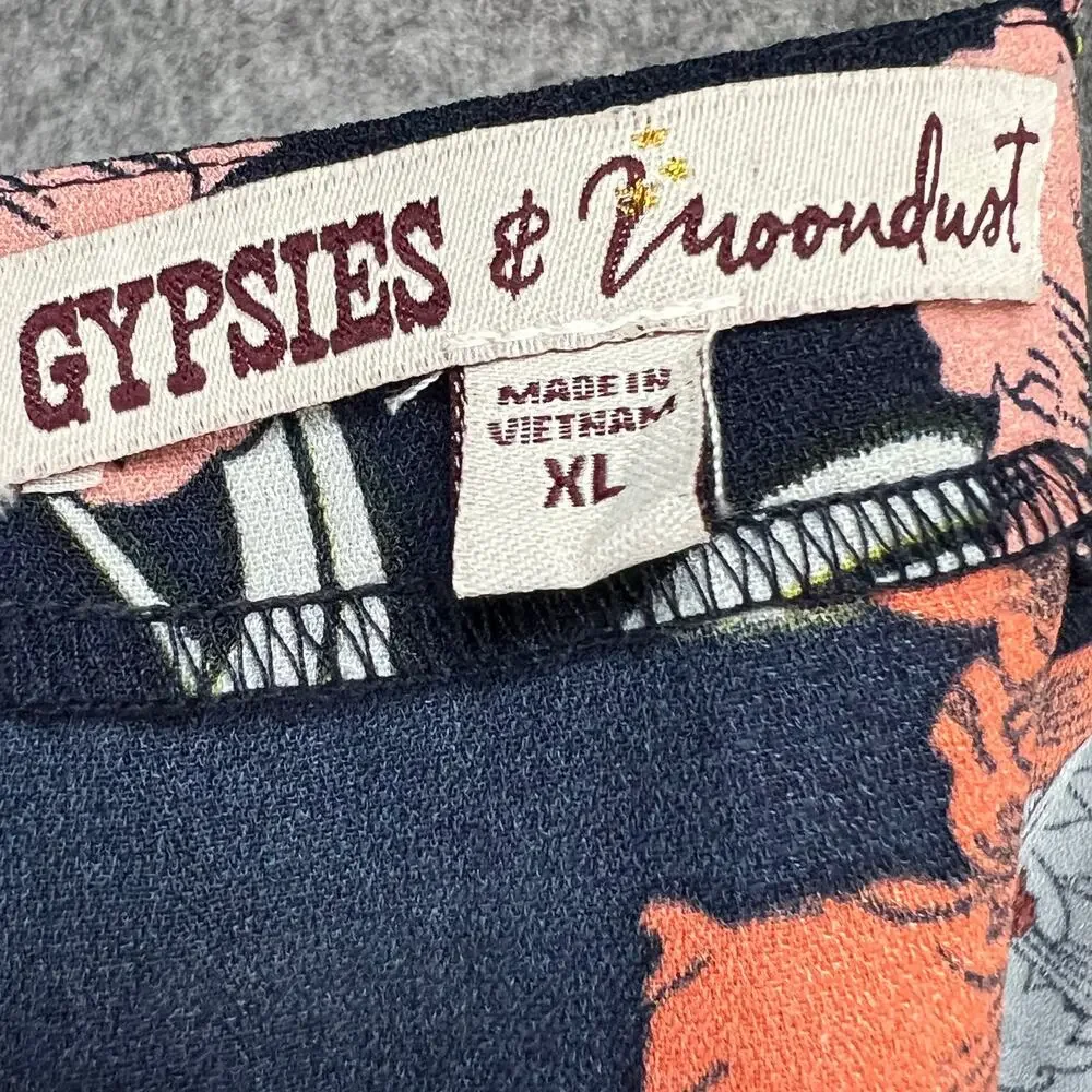 Gypsies & Moondust Jumpsuit‎ XL Navy Blue Floral Lace Up Wide Leg Tropical Boho